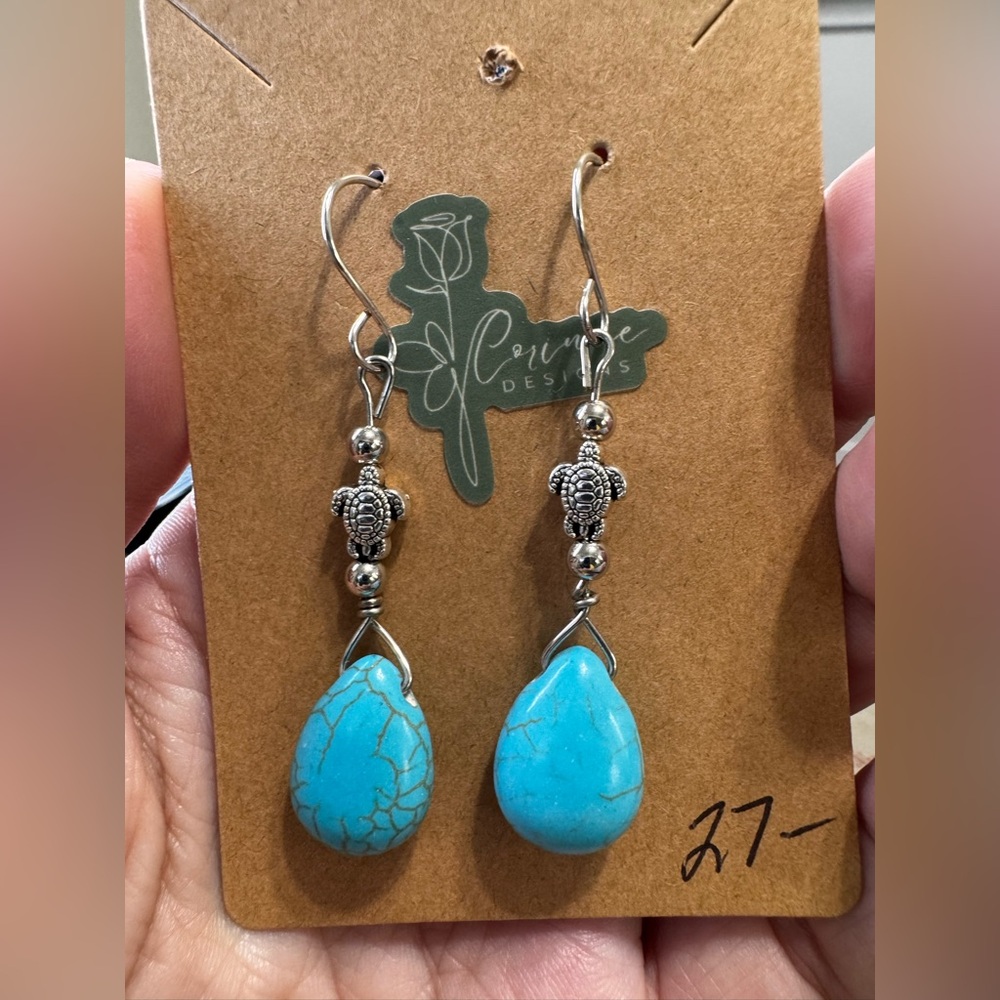 Blue and Silver Dangle Earrings with Turquoise color Accents